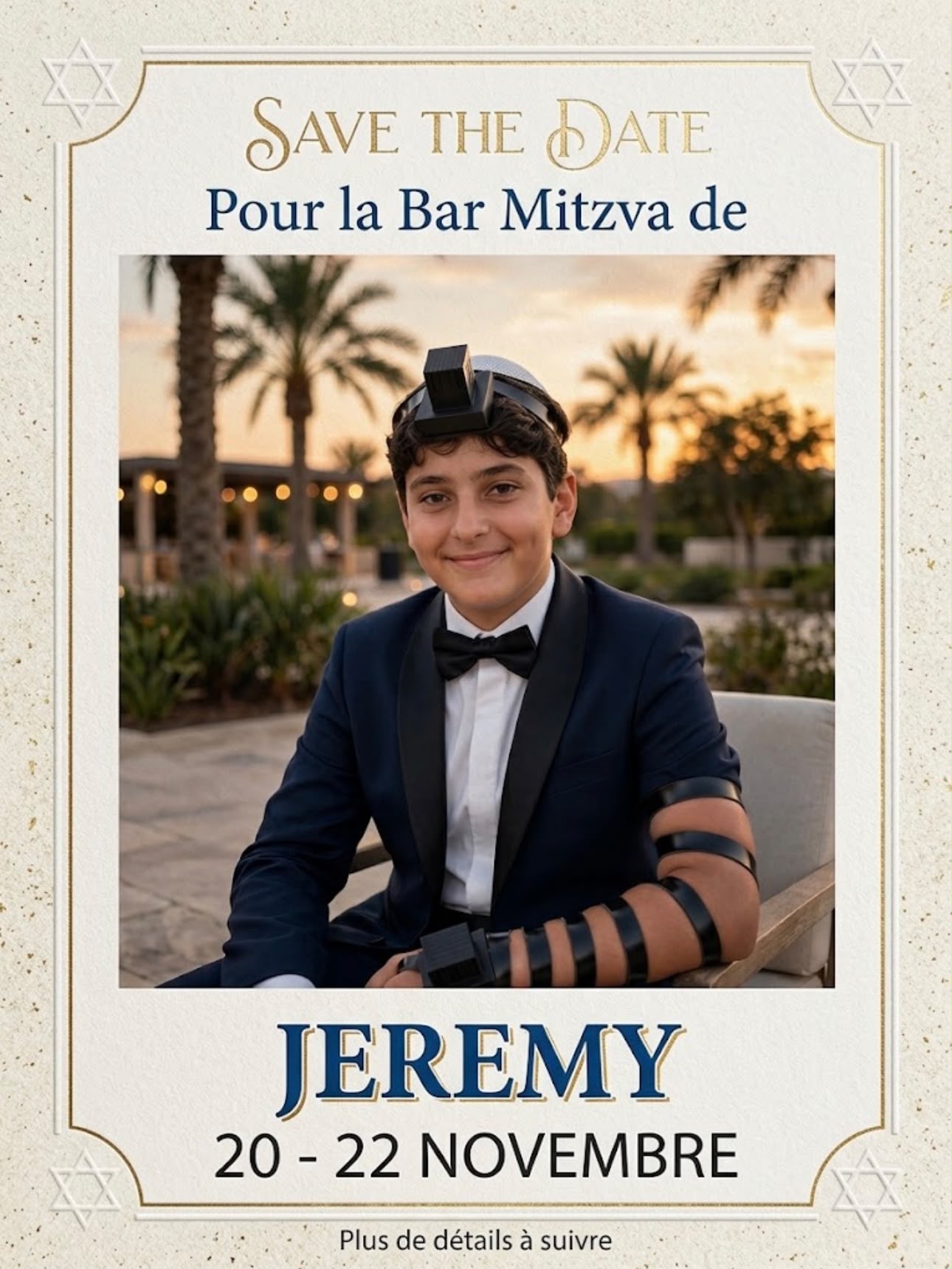 Faire-part fourni : Save the Date, Bar Mitsvah de Jérémy, du 20 au 22 novembre